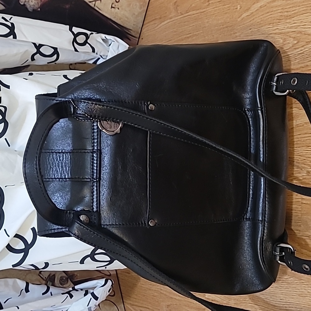 Patricia Nash Black Leather Drawstring Backpack with Front Buckle - Picture 5 of 8